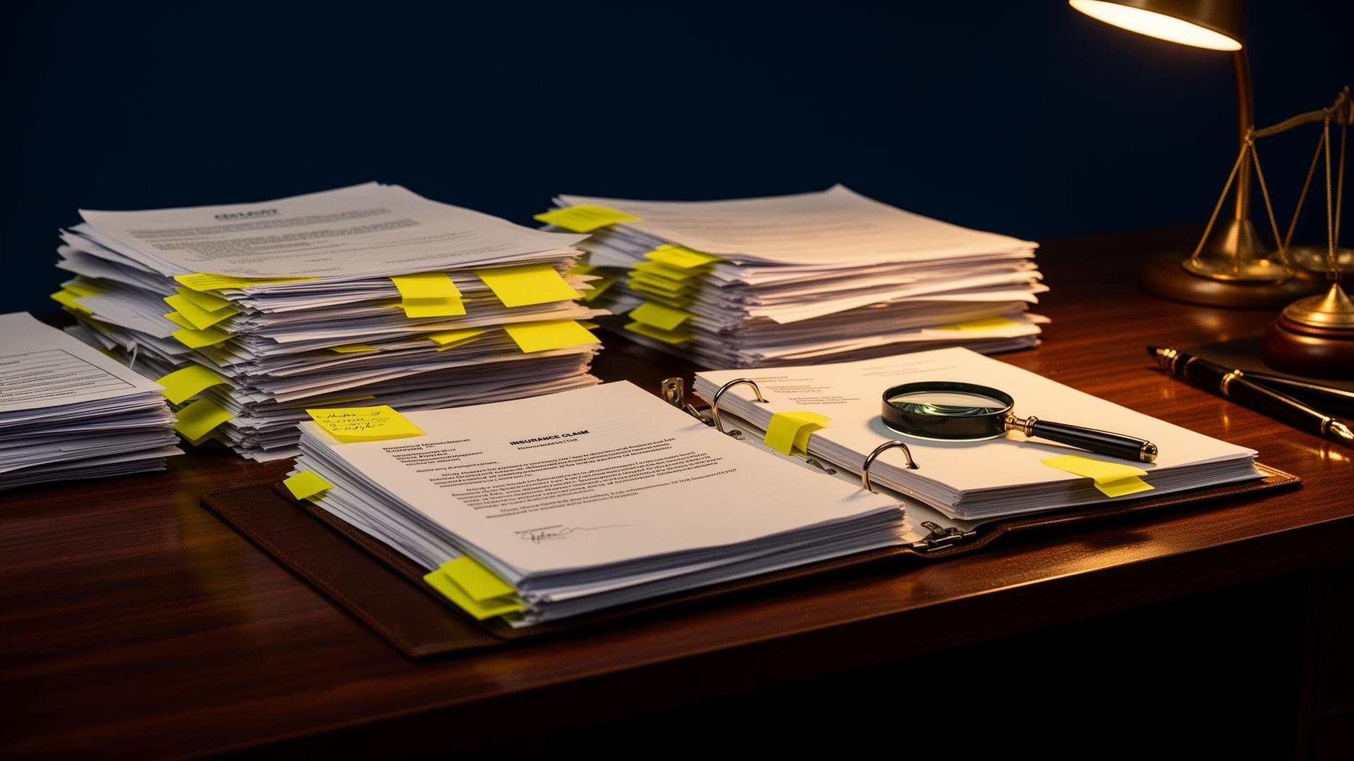 Insurance claim correspondence organized with tabs and annotations